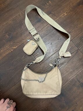 Prada Light Beige 2002 Re-Edition Nylon Crossbody Bag with Wide Strap